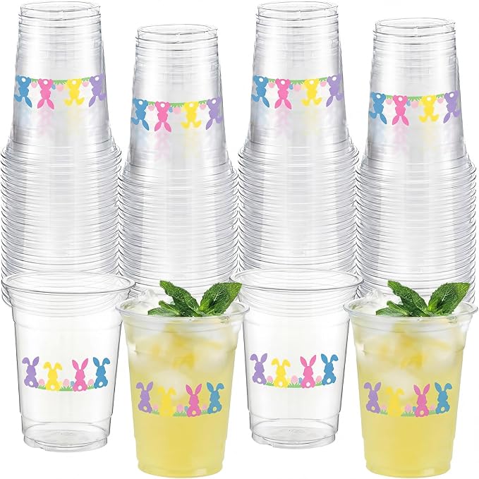 100 Pack Bunny Plastic Cups 16 oz Clear Pastel Rabbit Disposable Cups by Tiangrid