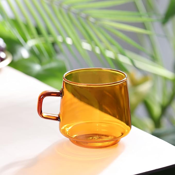 Joeyan Amber Glass Coffee Mugs Set of 2-10 oz Glass Stackable Coffee Cups - Image 5