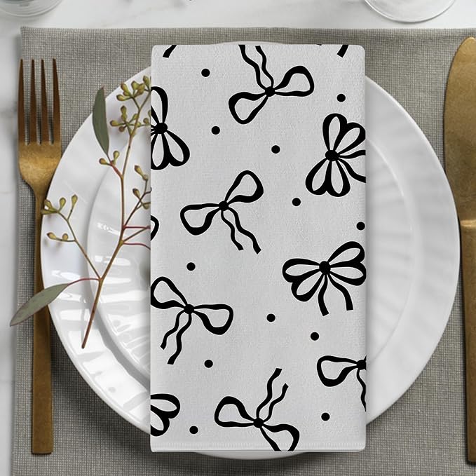 Black White Bow Kitchen Dish Towels Set of 2, Coquette Ribbon Preppy Drying - Image 5