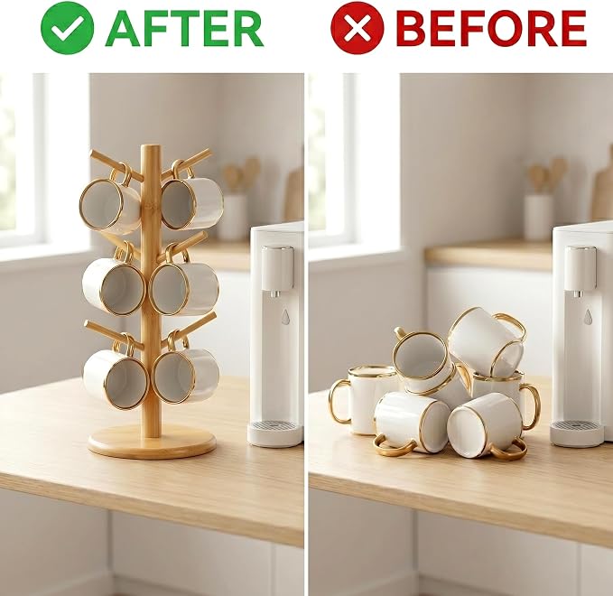 Wisuce Coffee Mug Tree Bamboo Mug Holder Coffee Cup Stand Mug Holders - Image 6