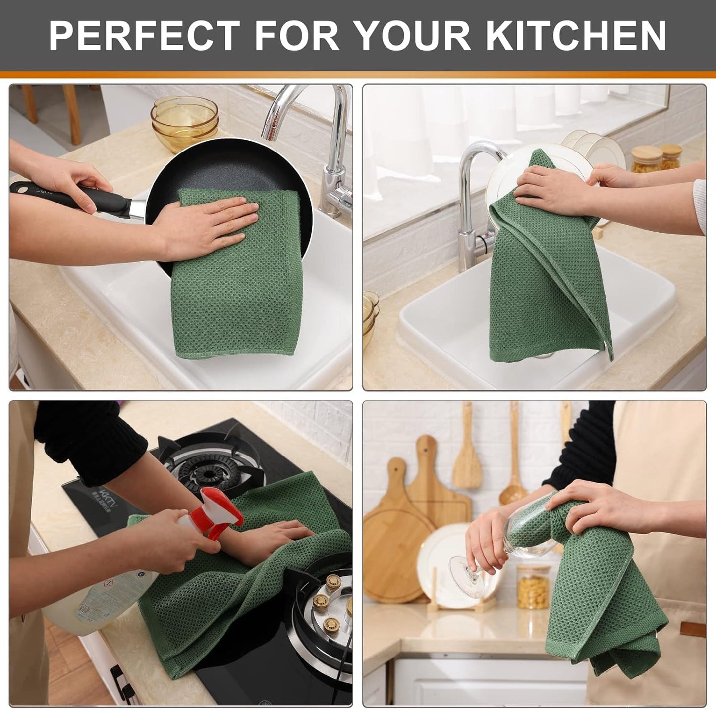 Kitinjoy 100% Cotton Waffle Weave Kitchen Towels, 8-Pack Super Soft and Absorbent Dish Towels for Drying Dishes, Kitchen Hand Towels, 13 in x 28 in, Grass Green