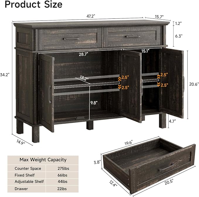 48 Inches Buffet Cabinet with Storage, Farmhouse Sideboard Buffet w/2 Drawers - Image 2
