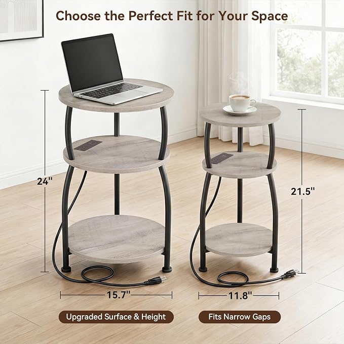 Round Side Table with Power Outlet & USB Ports, 3-Tier End Table with Storage - Image 3