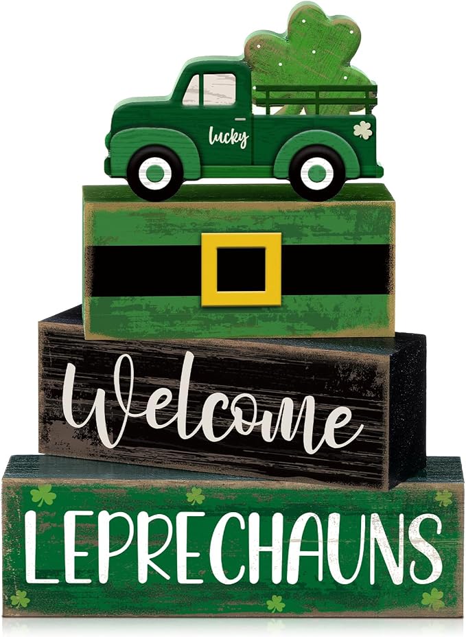 Lineshading 4 Pcs St Patricks Day Table Decor Leprechaun Wooden Stacked Blocks by Lineshading