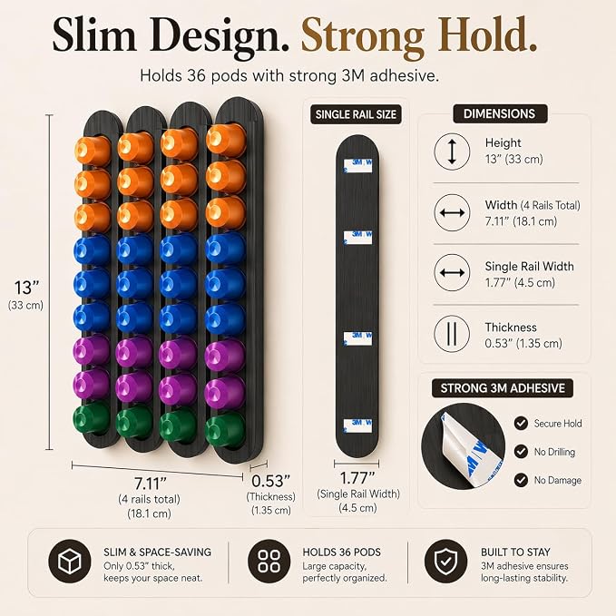 Bamboo Coffee Pod Holder, Adhesive Wall Mount - Image 3