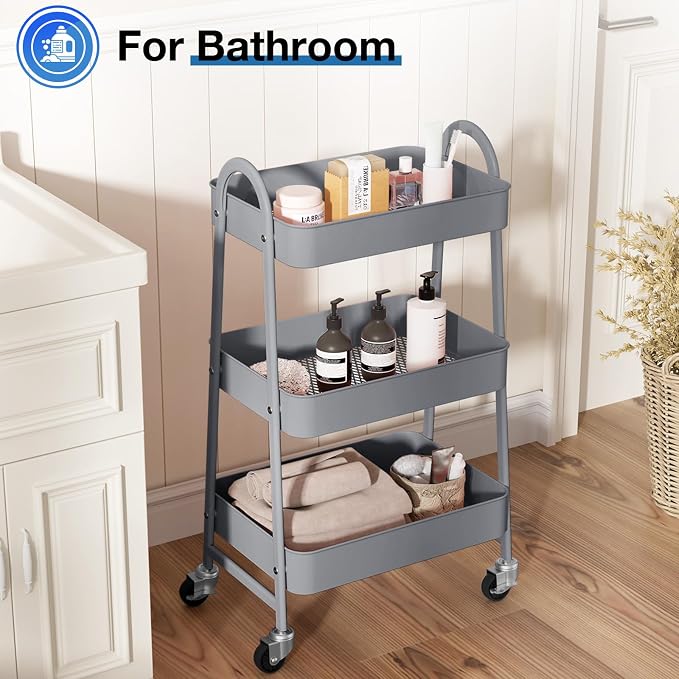 OLIXIS Metal 3 Tiers Utility Rolling Cart, Mobile Storage Shelf - Image 2