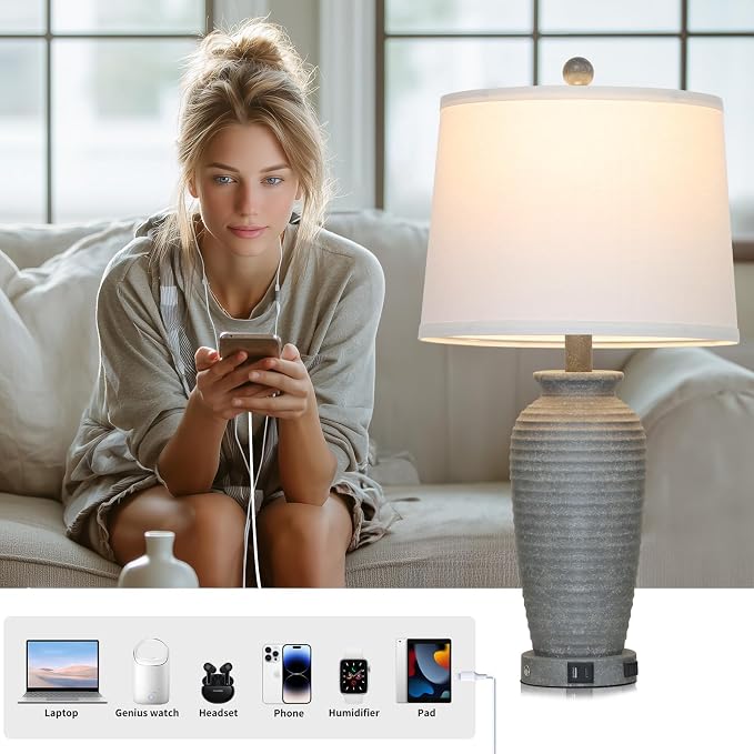 CINSARY 25" Grey Farmhouse Jar Table Lamps, 3 Way Touch Control Rustic Bedside - Image 5