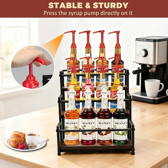 Coffee Syrup Rack Organizer, 3-Tier | Metal Bottle Holder, Holds 12 Bottles - Image 4