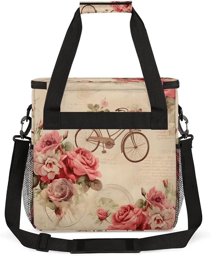 Vintage Rose Bicycle Flower Coffee Maker Carring Bag, Large Insulated Storage - Image 5