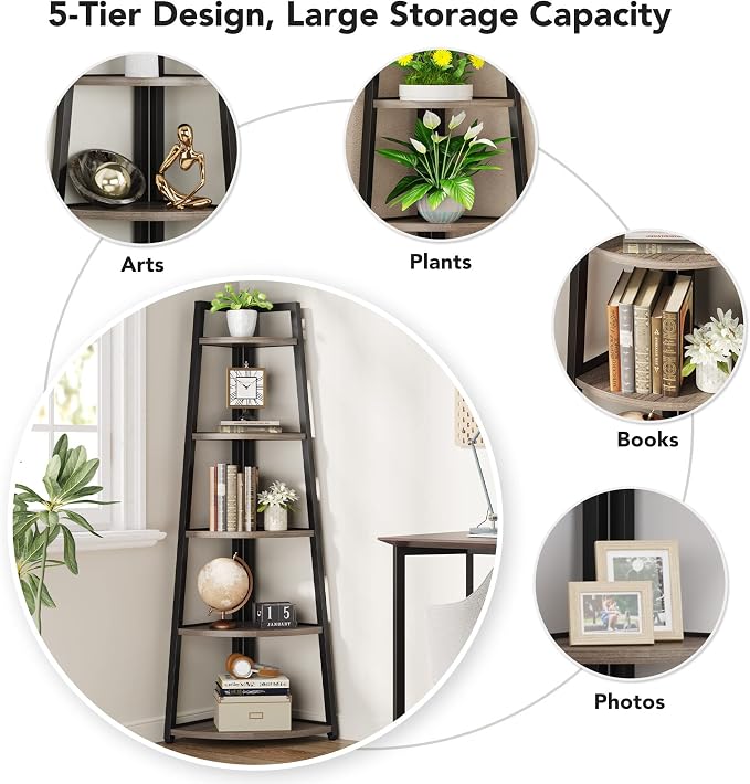 Tribesigns 70 inch Tall Corner Shelf, 5 Tier Industrial Corner Bookshelf - Image 7