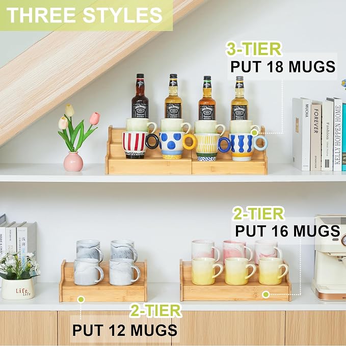 Hongtamoya 2-Tier Expandable Bamboo Mug Holder Coffee Mug Rack Organizer - Image 7