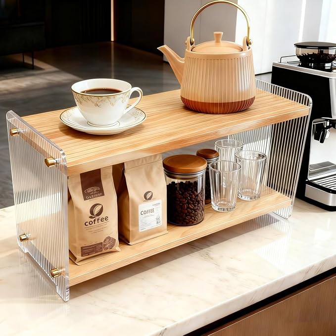 Coffee Station Organizer 2 Tier, Solid Wood Mug Shelffor Coffee Bar, Matcha by REEGII