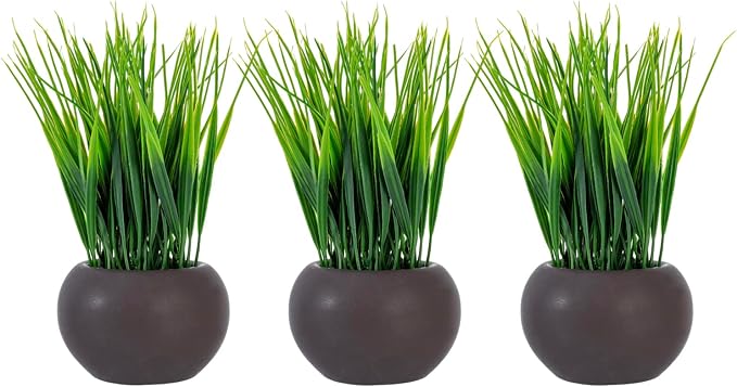 MyGift 7 Inch Tall Modern Mini Artificial Grass Plants in Small Round Brown by MyGiftHome