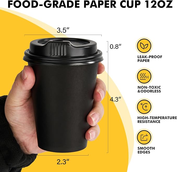 RACETOP 12 oz Paper Coffee Cups, 100 Pack Black Disposable Coffee Cups - Image 2