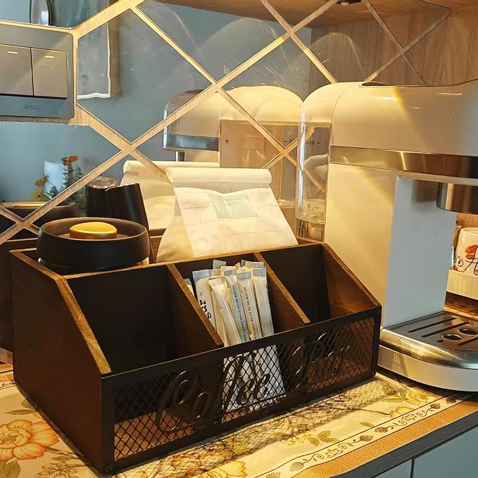 Coffee Station Organizer, Rustic Farmhouse Wood Condiment Storage Basket - Image 5
