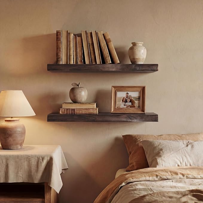 24" Live Edge Floating Shelves, 1.4" Extra Thick Solid Elm Wood Wall Shelf - Image 2