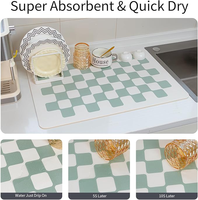 Large Dish Drying Mats for Kitchen Counter 24''x16'' Black Sage Beige Checkered - Image 5