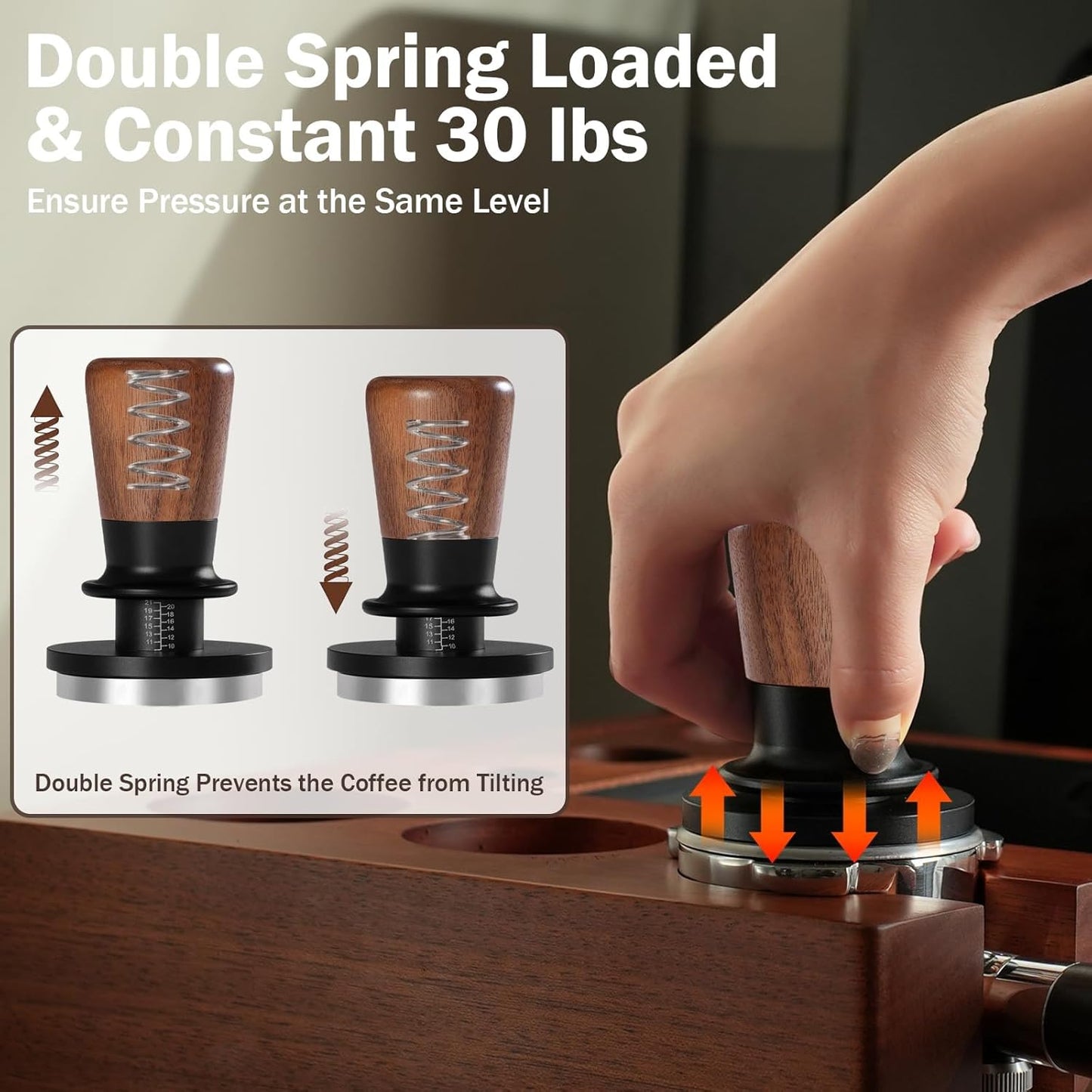 PUSEE 53.3mm Espresso Tamper, Calibrated Tamper with 30lbs Double Spring Loaded Tamper Walnut Wood Coffee Tamper for Barista Home,Stainless Steel Base Tamper Espresso Tool Fits 54mm Portafilters