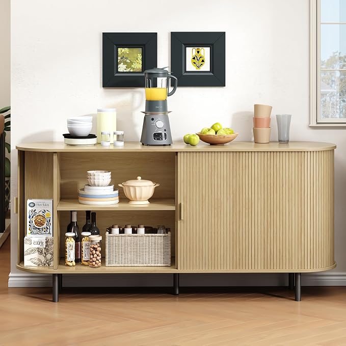 Buffet Cabinet with Storage, Fluted Sideboard Buffet with Sliding Door - Image 4
