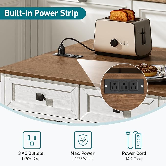 RALGEND Kitchen Island with Drop Leaf & Power Outlet, Rolling Kitchen Island - Image 5