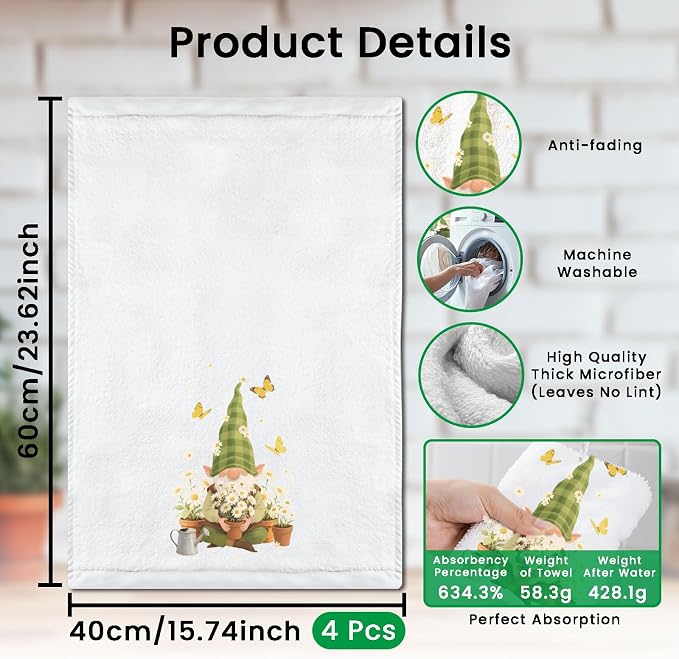 CUTHOLLOW Gnome and Flower Decorative Kitchen Towels Set of 4, 15.74"x23.62" - Image 2
