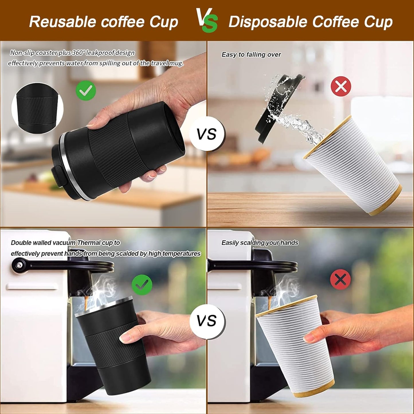 YINBAOGE Insulated Travel Coffee Mug Spill Proof Leak Proof Pobtable To Go Camping Stainless Steel Coffee Tumbler Reusable Coffee Cups with Lids Thermos for Hot and Cold Drink (Black, 12 OZ)