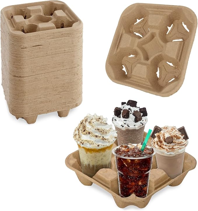 4 Cup Carrier Tray, Biodegradable Cup Holder, Coffee Shops, Restaurants by HOME