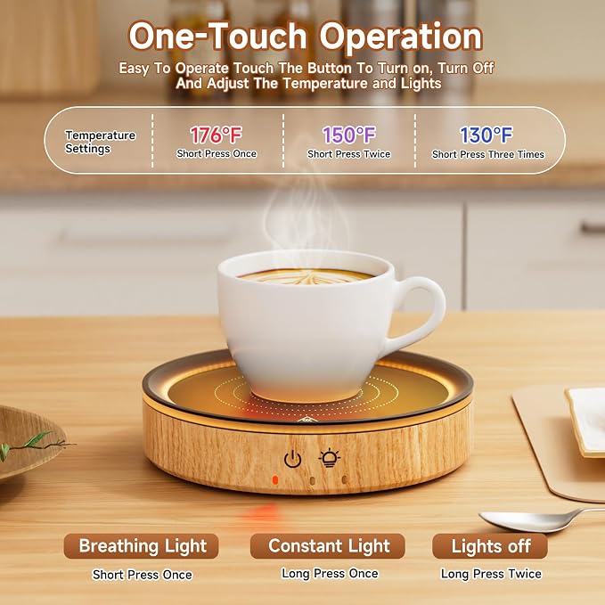 36W Mug Warmer, 3 Temperature Settings, Auto Shut Off, Max 176°F, Wood Grain - Image 5