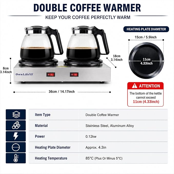 Dual Plate Coffee Warmer, Stainless Steel, 2 Burners Decanter Coffee Carafe - Image 5