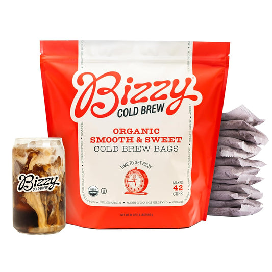 Bizzy Organic Cold Brew Coffee | Smooth & Sweet Blend | Coarse Ground Coffee | Medium Roast | Micro Sifted | Specialty Grade | 100% Arabica | Brew Bags | 12 Count | Makes 42 Cups