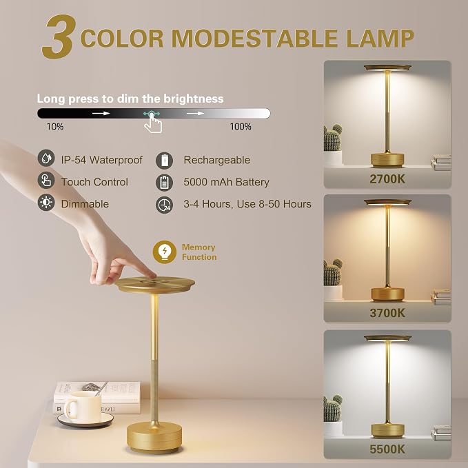 Cordless Rechargeable Table Lamp, LED Portable Touch Battery Table Lights - Image 2