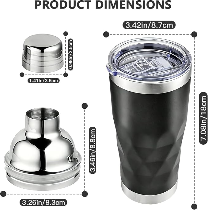 20oz Insulated Cocktail Shaker Black -Double Wall Vacuum, Built-In Strainer & - Image 2