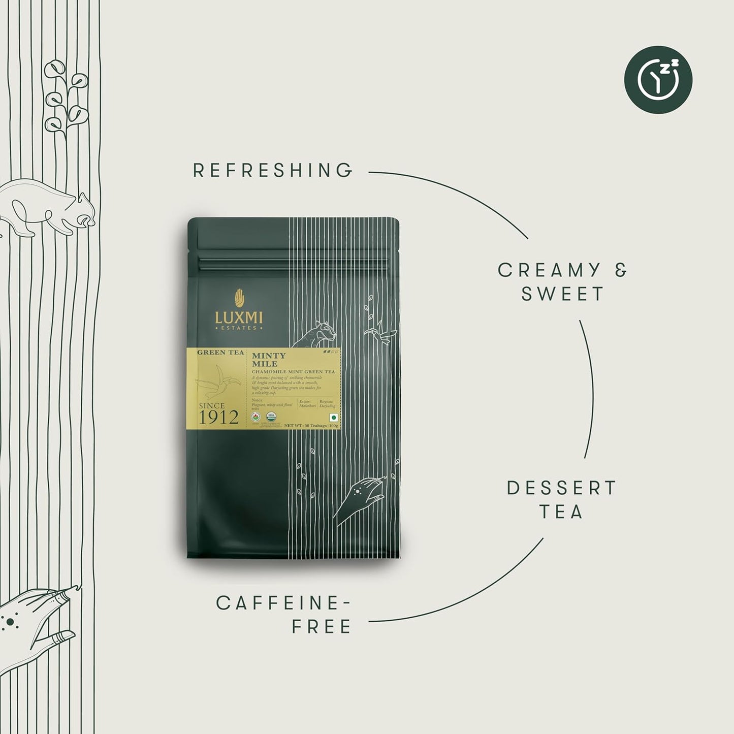 Luxmi Estates Minty Mile Organic Chamomile Mint Green Tea (50 Tea Bags) Low Caffeine Tea Bags For Relaxing, Calming, and Stress Relief, With Certified Organic Darjeeling Makaibari Green Tea