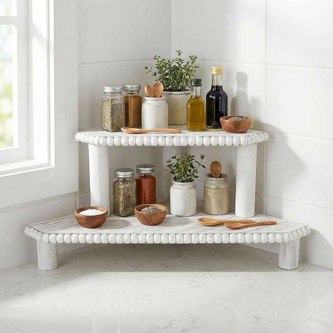 2-Tier Rustic Corner Shelf for Kitchen Counter, Wood Beaded Farmhouse - Image 2