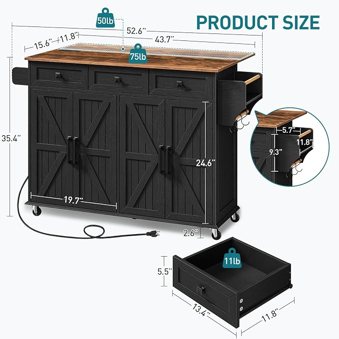 RALGEND Kitchen Island with Drop Leaf & Power Outlet, Rolling Kitchen Island - Image 2