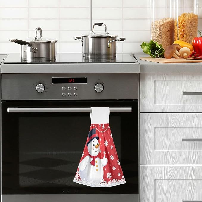 Christmas Winter Snowman Kitchen Hanging Towel Red Snowflakes Hand Fingertip - Image 2