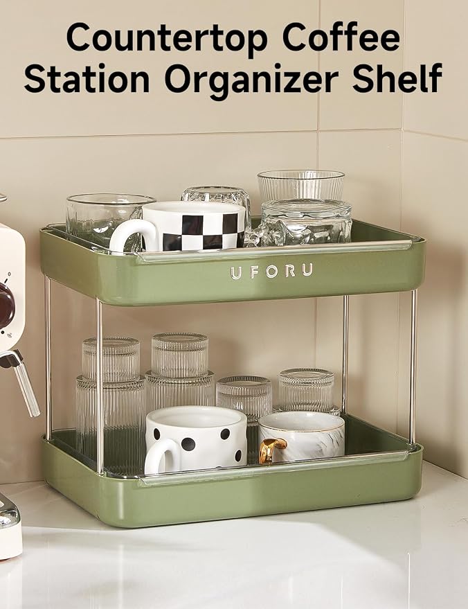 UFORU Countertop Coffee Station Organizer | 2-Tier Whisky Glass Tray, Mug - Image 2