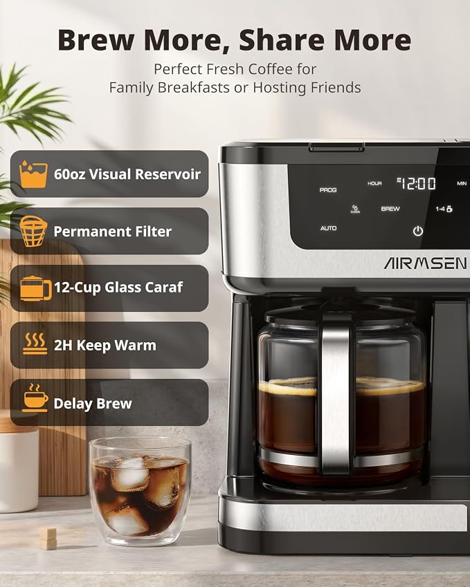 AIRMSEN 12-Cup Programmable Dual Coffee Maker – Single Serve Machine - Image 3