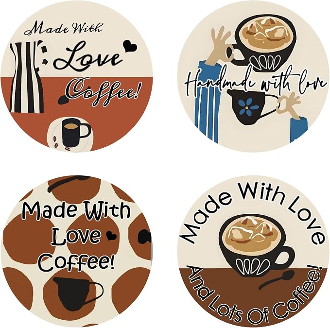 500 Pcs Made with Love & Coffee Stickers 2 Inch Coffee Themed Thank You by Unknown