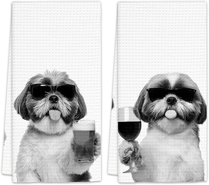 Shih Tzu Gifts Wine Kitchen Towels Set of 2, Gifts by FIicy