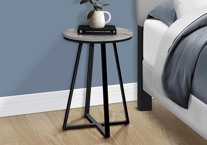 Round End Table with Grey Wood-Look Top and Black Metal X-Base, Modern Side - Image 4