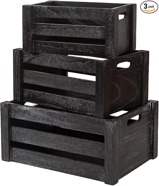 Set of 3 Nesting Wooden Crates, Small Rustic Farmhouse Wood Storage Boxes by Unknown