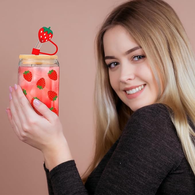 Reallnaive Strawberries Gifts for Women 16 oz Aesthetic Iced Coffee Cup Glass - Image 7