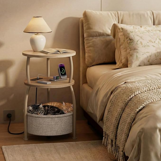 Round Side Table with Charging Station, USB Type C Port, Oak | End Table with - Image 2