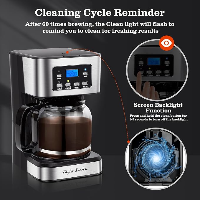 Taylor Swoden 12-Cup Programmable Coffee Maker, Regular & Strong Brew Drip - Image 6