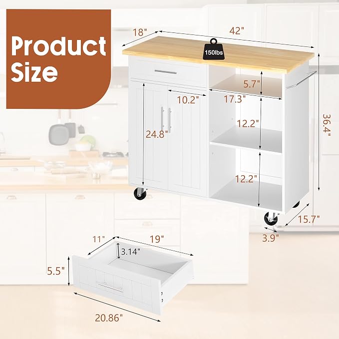 JY QAQA 42" Kitchen Island on Wheels - Image 5