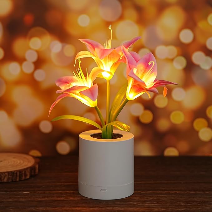 WSYEAR Pink Morning Glory Flowers Table Lamp, Charging Dimmable Cordless by WSYEAR