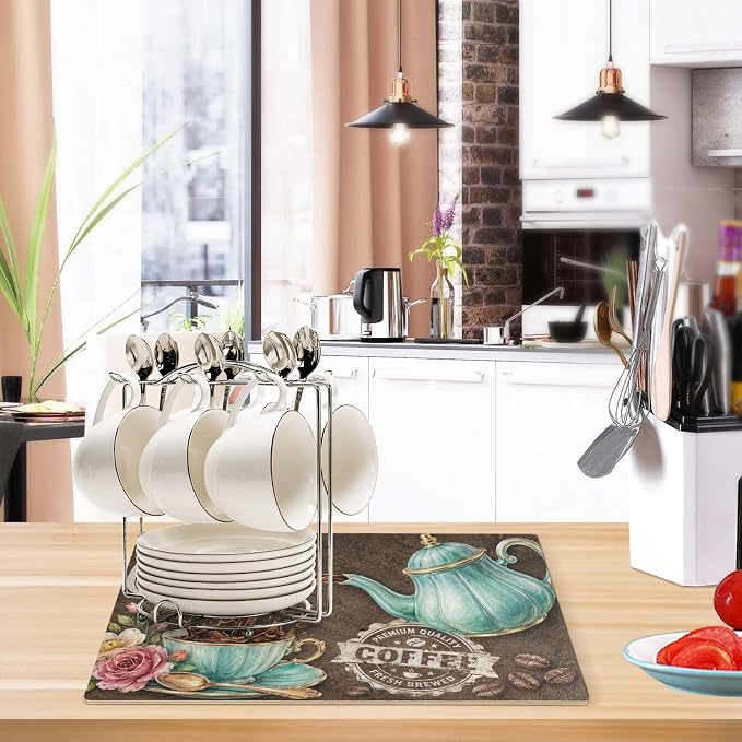 Coffee Themed Dish Drying Mat For Kitchen Counter 24 "X16" Absorbent Non-Slip - Image 5