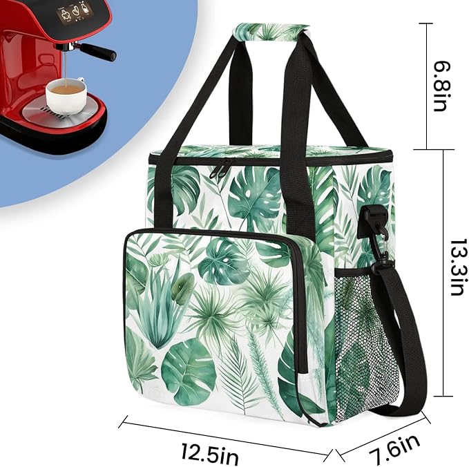 Tropical Leaves Green Palm Leaf Coffee Maker Carring Bag, Large Insulated - Image 2