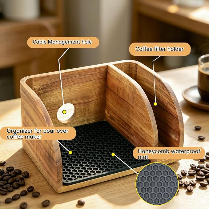Acacia Wood Coffee Bar Station Organizer Stand, Wooden Pour Over Maker Caddy - Image 3